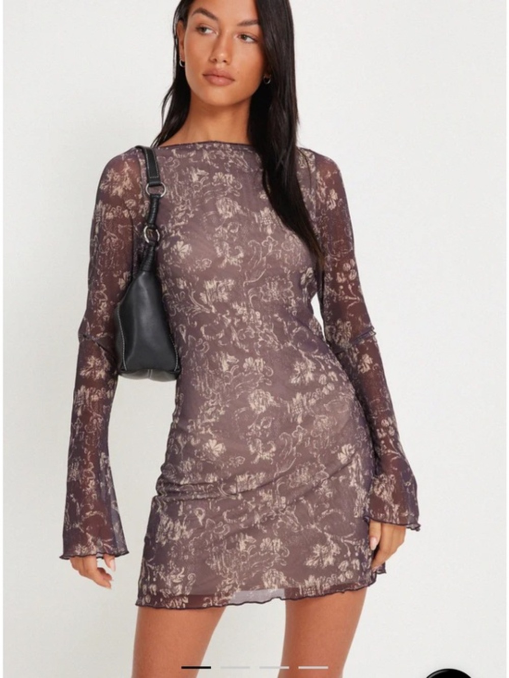 MOTEL Rocks Sevila Long Sleeve Mini Dress in  Dark Brown floral lace XS